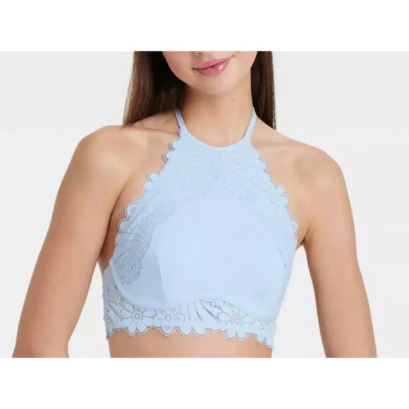 Colsie sz XS Blue High Neck Lace Bralette Bra Lace Overlay Halter Tank - Picture 1 of 7
